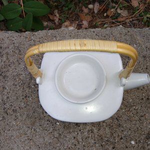 Vintage Kitchen - Vintage White Tea Pot With Bamboo Handle Vintage Kitchen - Vintage White Tea Pot With Bamboo Handle